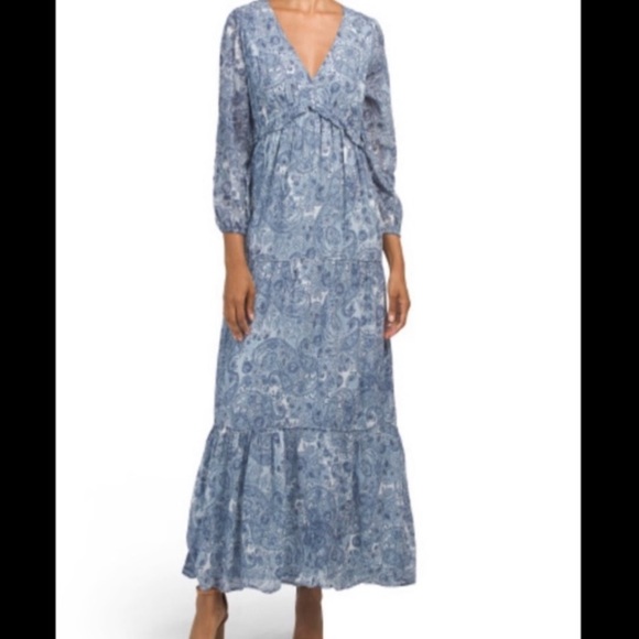 Rachel Zoe Dresses & Skirts - Rachel Zoe Paisley Print Blue Long Sleeve v-neck Maxi Tiered Babydoll Dress